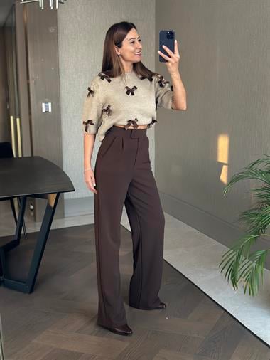 Kahverengi Beli Cırtlı Likralı Krep Palazzo Kadın Pantolon