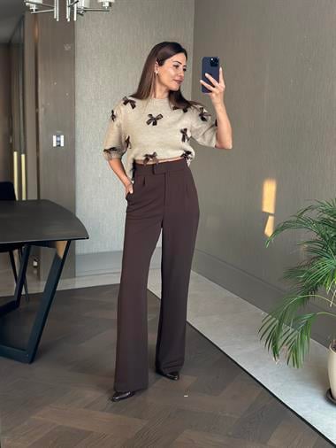 Kahverengi Beli Cırtlı Likralı Krep Palazzo Kadın Pantolon