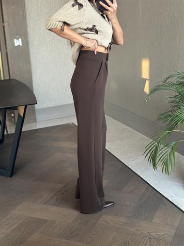 Kahverengi Beli Cırtlı Likralı Krep Palazzo Kadın Pantolon