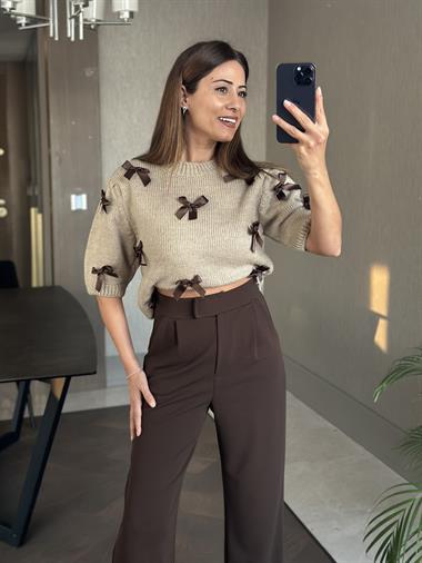 Kahverengi Beli Cırtlı Likralı Krep Palazzo Kadın Pantolon