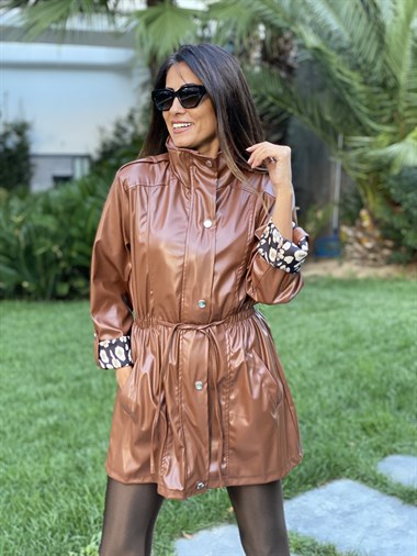 Kahverengi Beli Lastikli Çıtçıtlı Kadın Deri Ceket