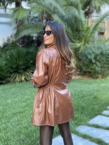 Kahverengi Beli Lastikli Çıtçıtlı Kadın Deri Ceket