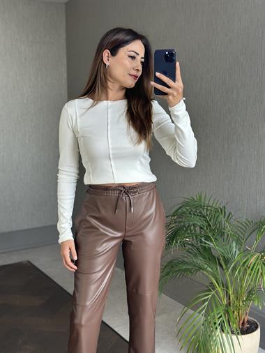 Kahverengi Beli Lastikli Düz Paça Jogger Kadın Deri Pantolon