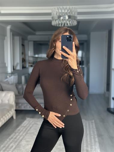 Kahverengi Beli Ve Kolu Çıtçıt Detay Uzun Kol Kadın Bluz