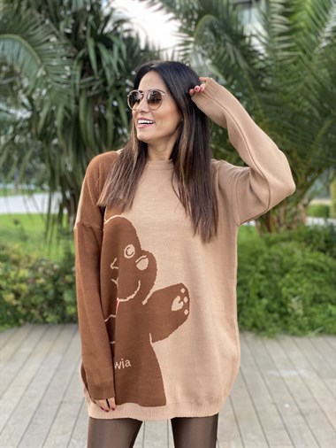 Kahverengi Bisiklet Yaka Ayıcık Detay Triko Kadın Kazak