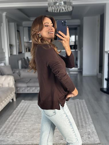 Kahverengi Bisiklet Yaka Basic İnce Merserize Kadın Kazak