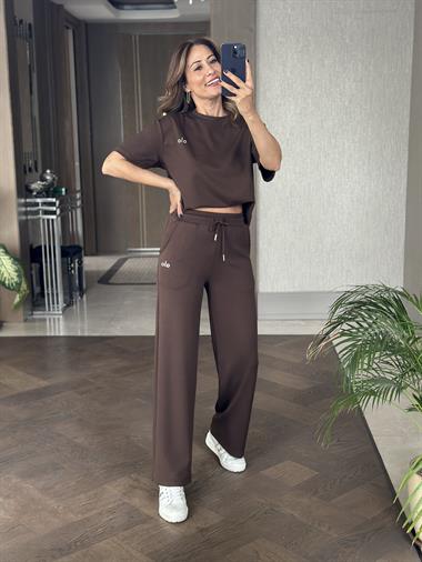 Kahverengi Bisiklet Yaka Baskılı Kadın Eşofman Takımı