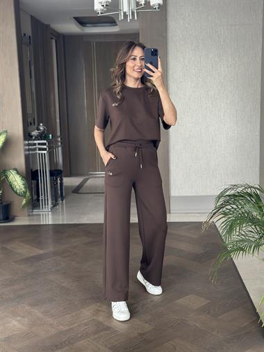 Kahverengi Bisiklet Yaka Baskılı Kadın Eşofman Takımı