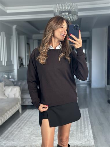 Kahverengi Bisiklet Yaka Yünlü Basic Kadın Triko Kazak