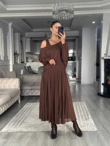 Kahverengi Bluzlu Piliseli Midi Boy Kadın İkili Elbise