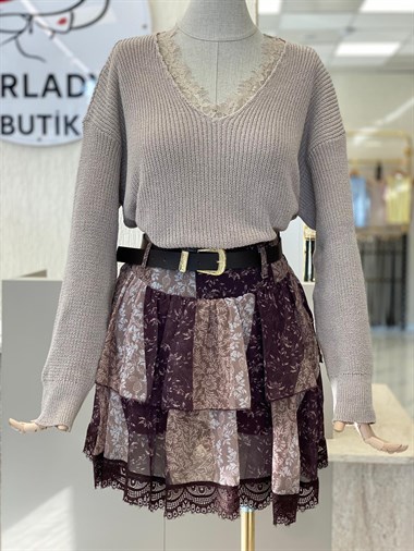 Kahverengi Bohem Kemerli Kat Kat Volanlı Mini Kadın Etek