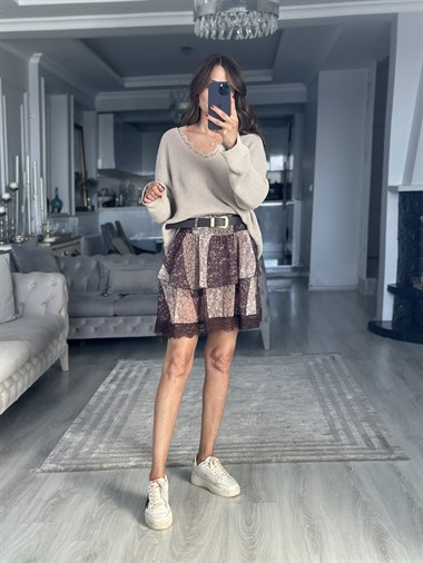 Kahverengi Bohem Kemerli Kat Kat Volanlı Mini Kadın Etek