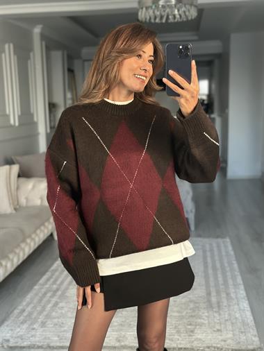 Kahverengi Bordo Geniş Baklava Desenli Kadın Kazak