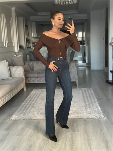 Kahverengi Carmen Yaka Fermuarlı Ottoman Kadın Bluz