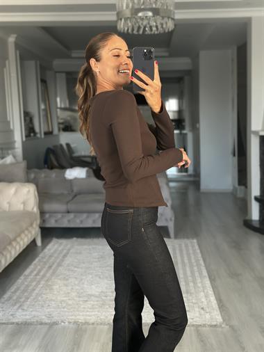 Kahverengi Çift Taraf Fermuarlı Uzun Kollu Kadın Body 