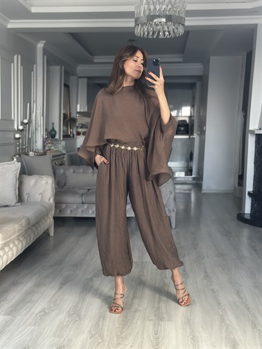 Kahverengi Crushlı Paçası Lastikli Kadın Pantolon