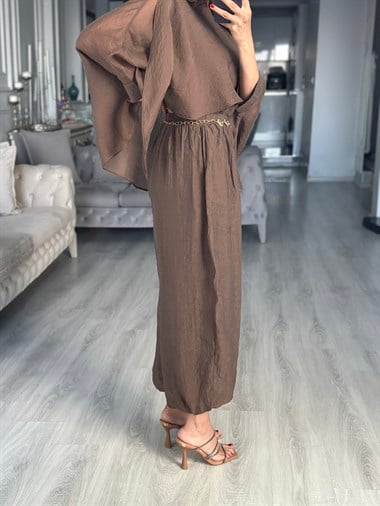 Kahverengi Crushlı Paçası Lastikli Kadın Pantolon