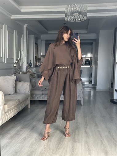Kahverengi Crushlı Paçası Lastikli Kadın Pantolon