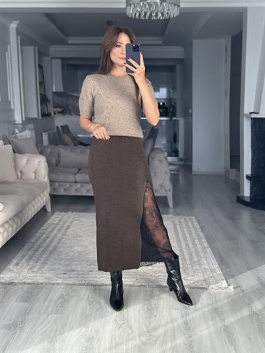 Kahverengi Dantel Detaylı Midi Boy Kadın Triko Etek
