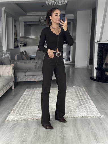 Kahverengi Dantel Şeritli V Yaka Kadın Bluz