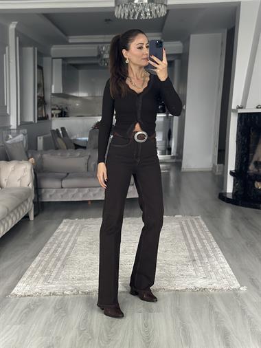 Kahverengi Dantel Şeritli V Yaka Kadın Bluz