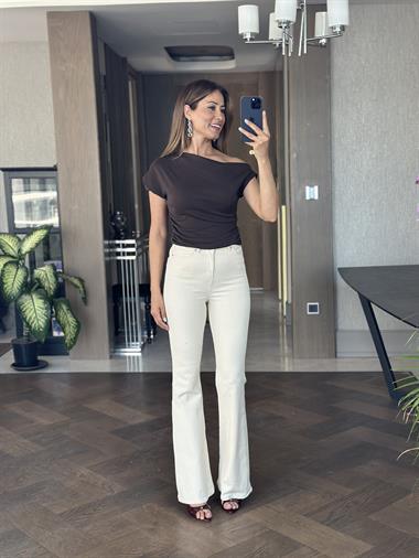 Kahverengi Tek Omuz Asimetrik Yaka Sıfır Kol Kadın Body