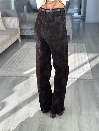 Kahverengi Denim Flok Baskılı Kemerli Kadın Jean Pantolon