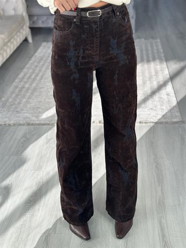 Kahverengi Denim Flok Baskılı Kemerli Kadın Jean Pantolon