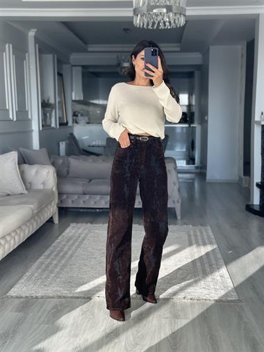 Kahverengi Denim Flok Baskılı Kemerli Kadın Jean Pantolon