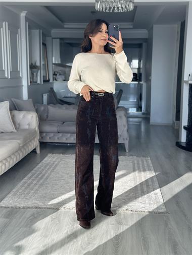 Kahverengi Denim Flok Baskılı Kemerli Kadın Jean Pantolon