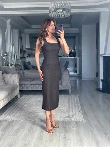 Kahverengi Denim Kare Yaka Yırtmaçlı Midi Boy Kadın Elbise 