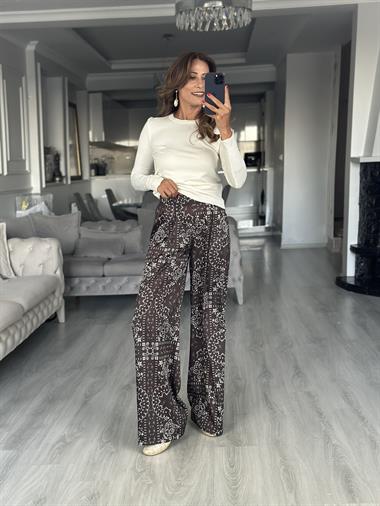 Kahverengi Desenli Beli Lastikli Cepsiz Saten Kadın Pantolon