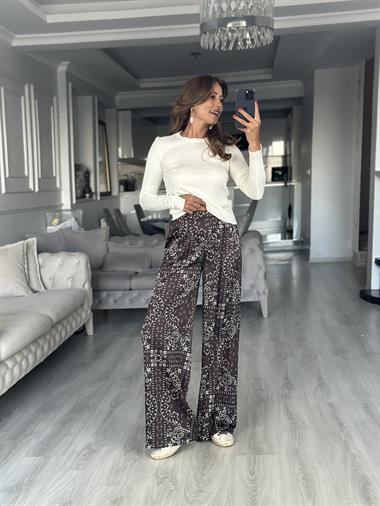 Kahverengi Desenli Beli Lastikli Cepsiz Saten Kadın Pantolon