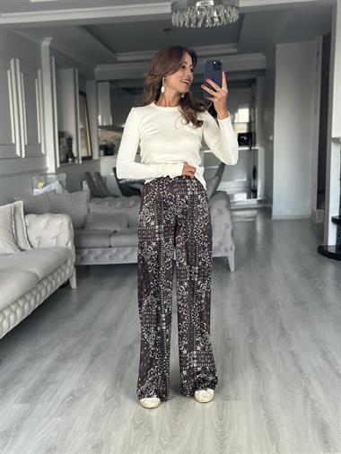 Kahverengi Desenli Beli Lastikli Cepsiz Saten Kadın Pantolon