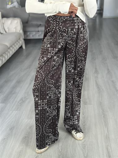 Kahverengi Desenli Beli Lastikli Cepsiz Saten Kadın Pantolon