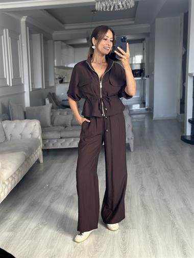 Kahverengi Dokulu Beli Bağcıklı Ceket Pantolon Kadın Alt Üst Takım