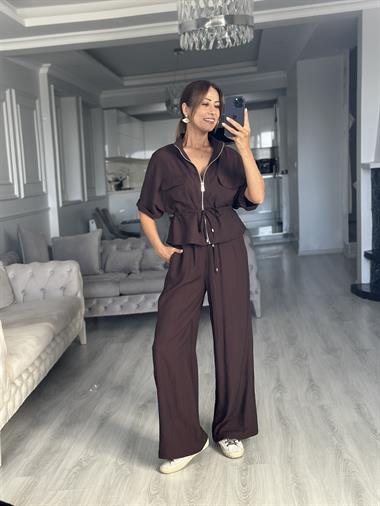 Kahverengi Dokulu Beli Bağcıklı Ceket Pantolon Kadın Alt Üst Takım
