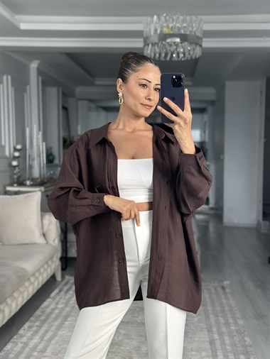 Kahverengi Düşük Omuzlu Oversize Kadın Gömlek