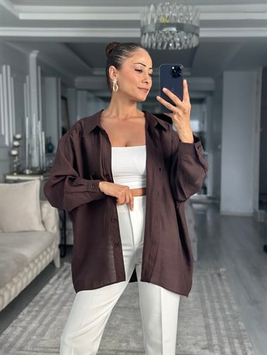 Kahverengi Düşük Omuzlu Oversize Kadın Gömlek