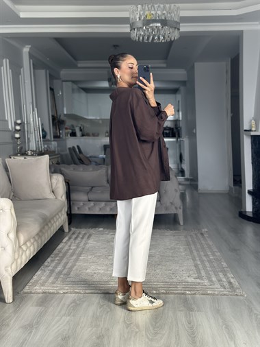 Kahverengi Düşük Omuzlu Oversize Kadın Gömlek