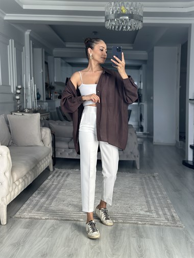 Kahverengi Düşük Omuzlu Oversize Kadın Gömlek