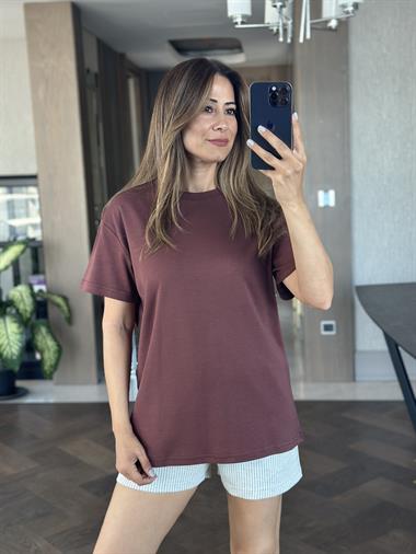 Kahverengi Düz Basic Mass Model Kadın T-Shirt