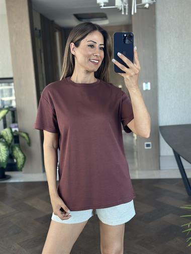 Kahverengi Düz Basic Mass Model Kadın T-Shirt