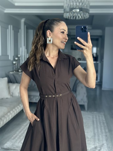 Kahverengi Eteği Prenses Kemerli  Midi Boy Kadın Gömlek Elbise