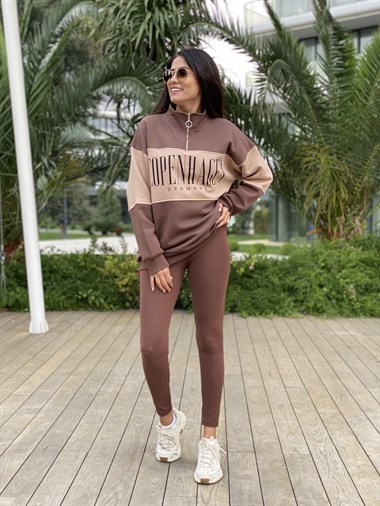 Kahverengi Fermuarlı Denmark Baskılı İki İplik Kadın Sweatshirt