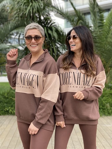 Kahverengi Fermuarlı Denmark Baskılı İki İplik Kadın Sweatshirt