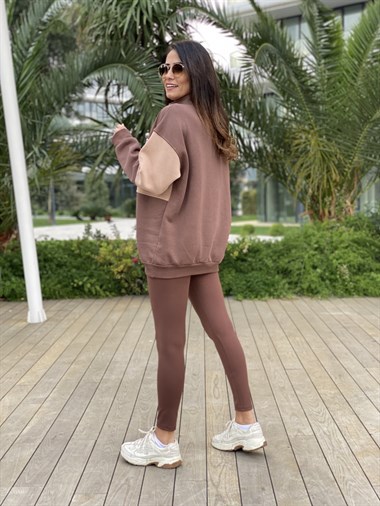 Kahverengi Fermuarlı Denmark Baskılı İki İplik Kadın Sweatshirt