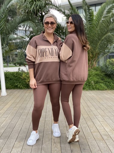 Kahverengi Fermuarlı Denmark Baskılı İki İplik Kadın Sweatshirt