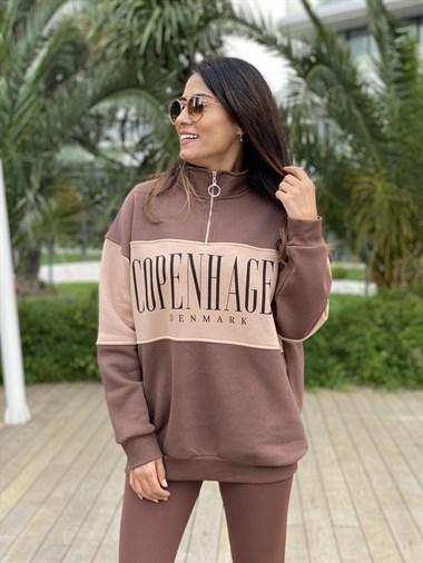 Kahverengi Fermuarlı Denmark Baskılı İki İplik Kadın Sweatshirt
