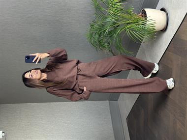 Kahverengi Fitilli Bisiklet Yaka Sweatshirt Pantolon Kadın Alt Üst Takım